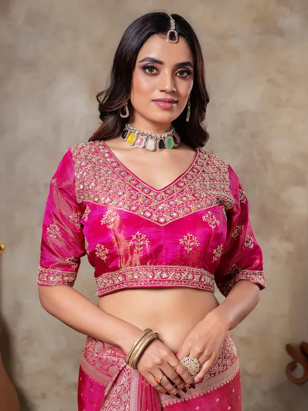 Rani color tissue silk saree for wedding