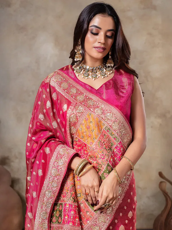 Rani color tissue silk wedding wear saree