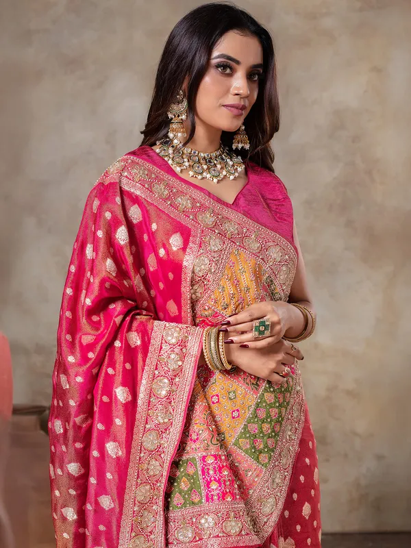 Rani color tissue silk wedding wear saree