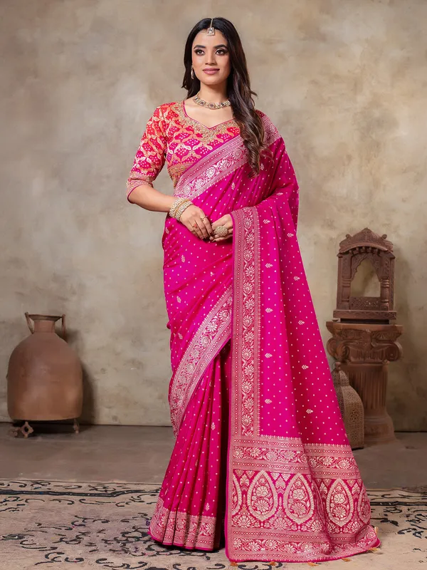 Rani color zari weaving saree for wedding