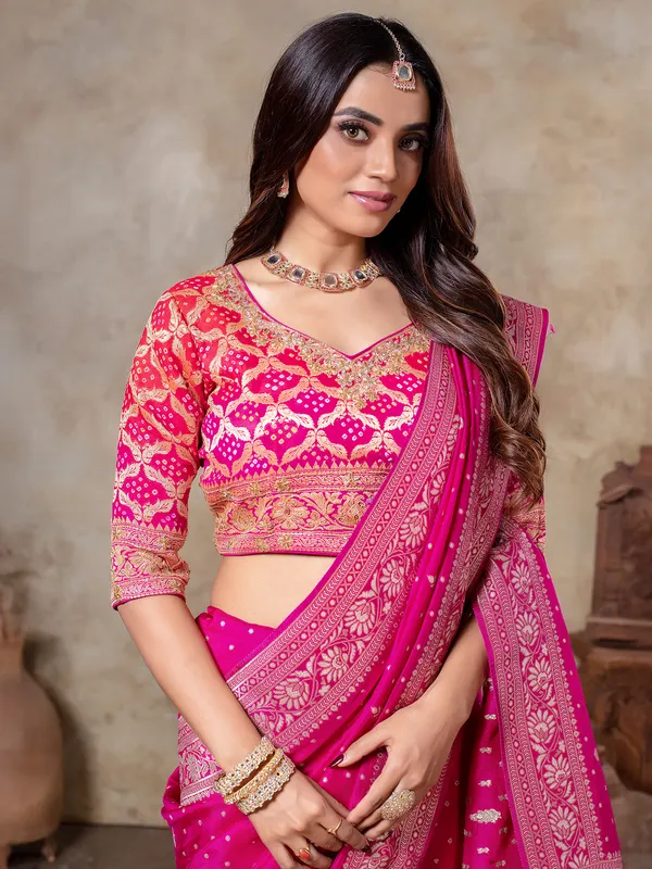Rani color zari weaving saree for wedding