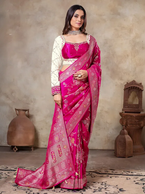 Rani color zari weaving saree in dola silk