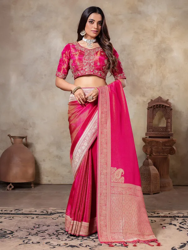 Rani color zari weaving tissue silk saree