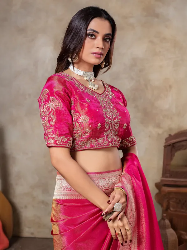 Rani color zari weaving tissue silk saree
