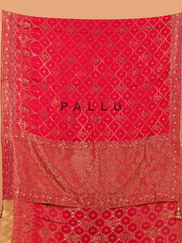 Rani color zari worked wedding saree in dola silk
