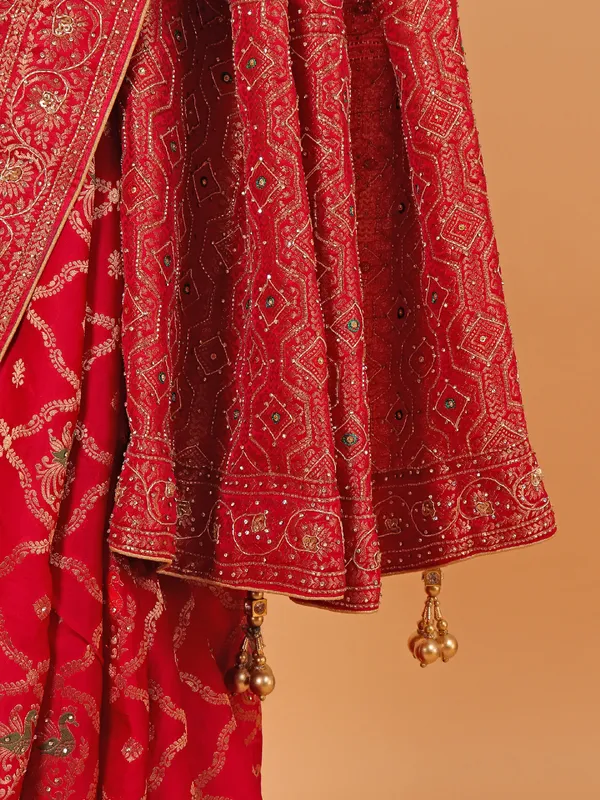 Rani color zari worked wedding saree in dola silk