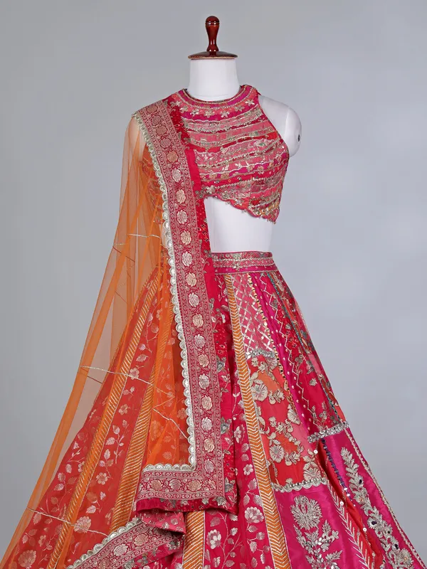 Rani pink banarasi silk boat neck lehenga choli