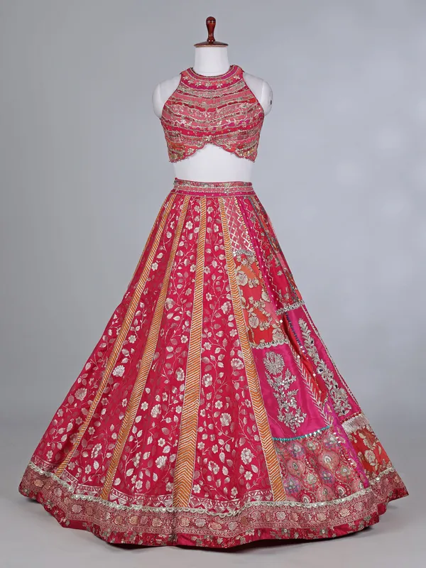 Rani pink banarasi silk boat neck lehenga choli