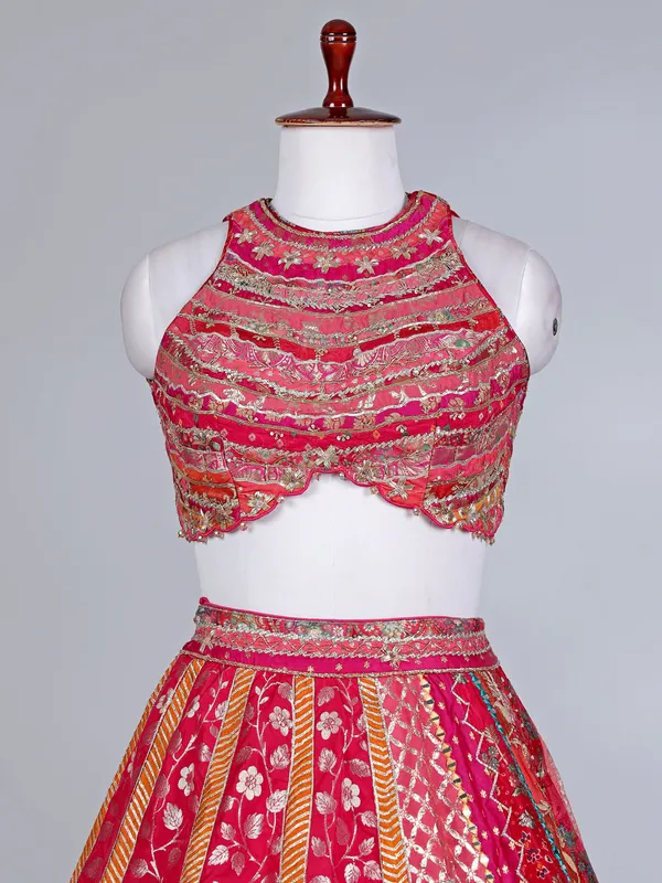 Rani pink banarasi silk boat neck lehenga choli
