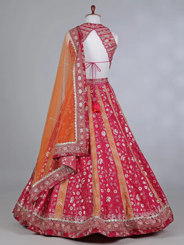 Rani pink banarasi silk boat neck lehenga choli