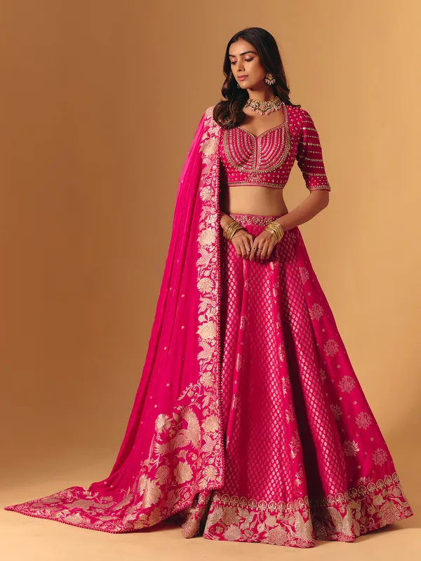 Rani pink banarasi silk lehenga choli with embellishment