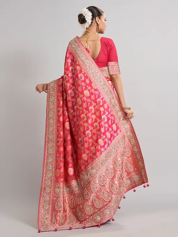 Rani pink banarasi silk saree with intricate zari accents