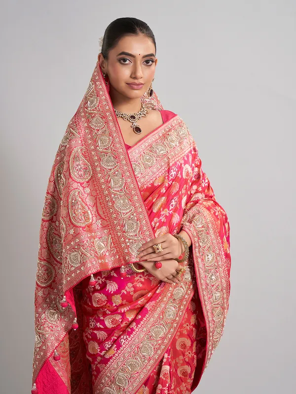 Rani pink banarasi silk saree with intricate zari accents