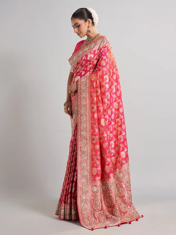 Rani pink banarasi silk saree with intricate zari accents