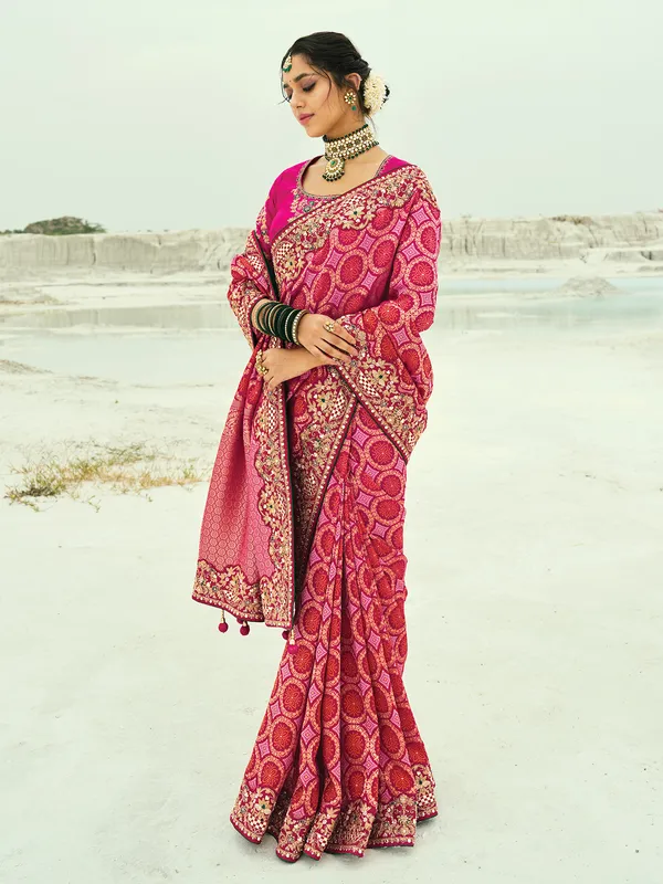 Rani pink bandhej wedding georgette saree