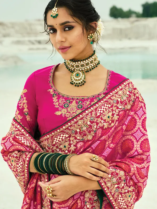 Rani pink bandhej wedding georgette saree