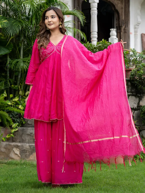 Rani pink cotton silk festive sharara kurti set