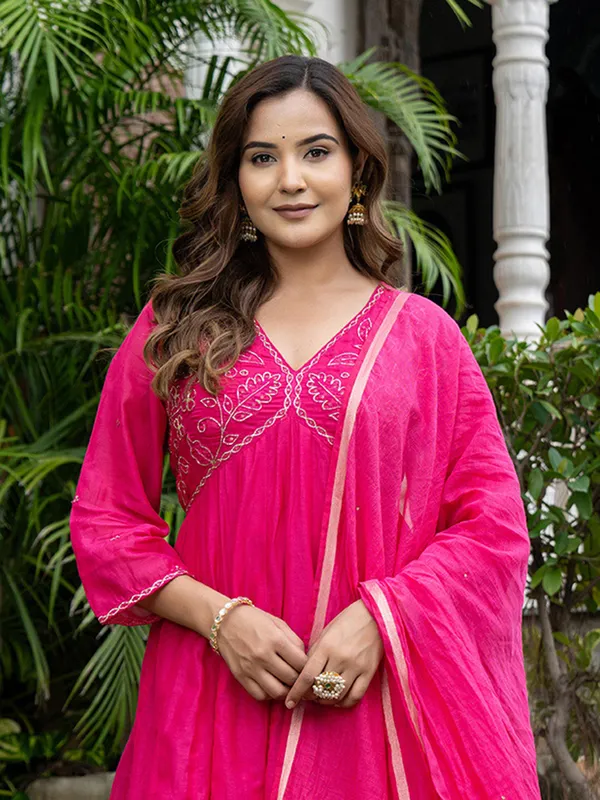 Rani pink cotton silk festive sharara kurti set