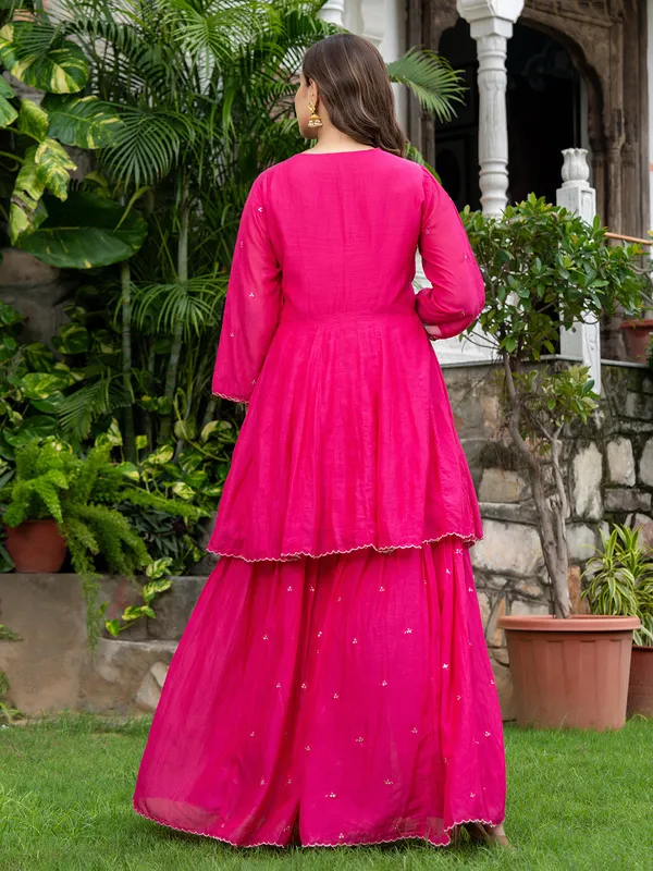 Rani pink cotton silk festive sharara kurti set