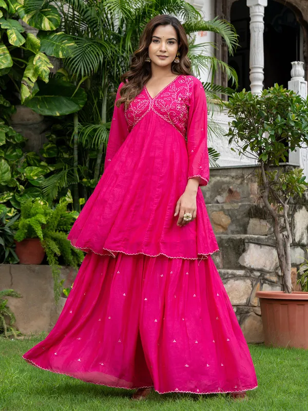Rani pink cotton silk festive sharara kurti set