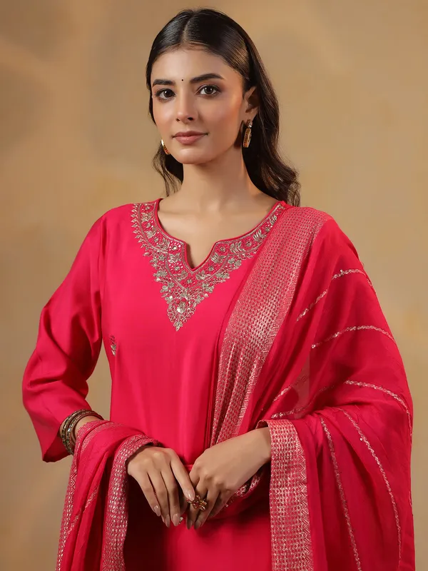 Rani pink cotton silk kurti set for festival wear