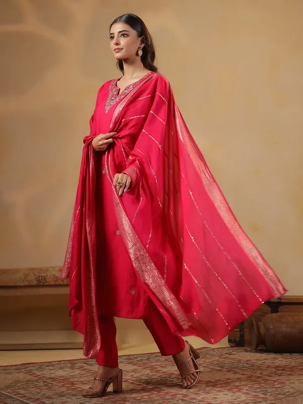 Rani pink cotton silk kurti set for festival wear