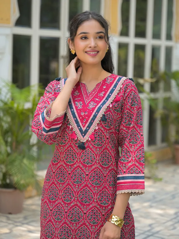 Rani pink cotton silk printed kurti set
