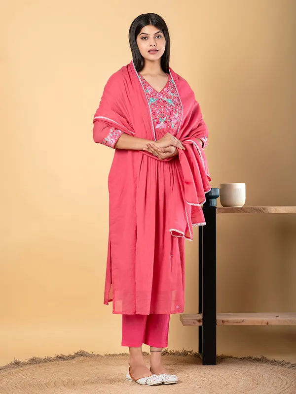 Rani pink cotton yoke kurti set with dupatta