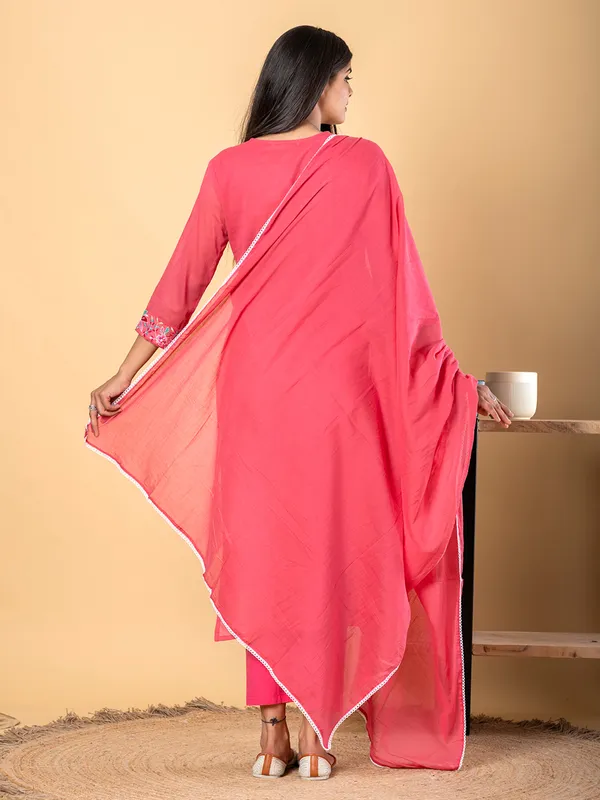 Rani pink cotton yoke kurti set with dupatta