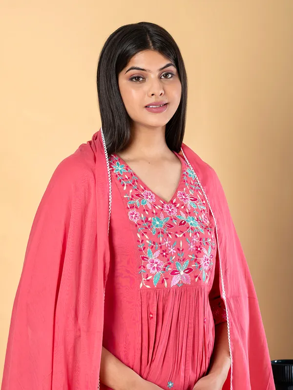 Rani pink cotton yoke kurti set with dupatta