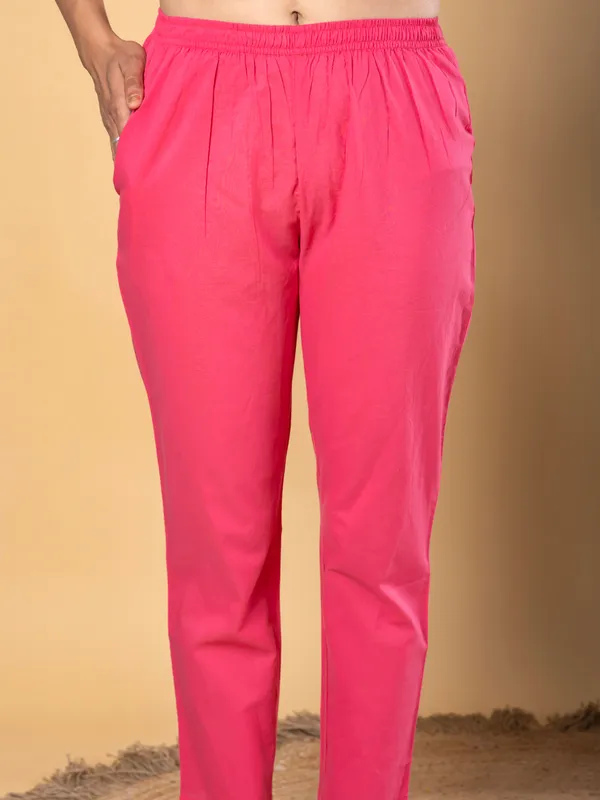 Rani pink cotton yoke kurti set with dupatta