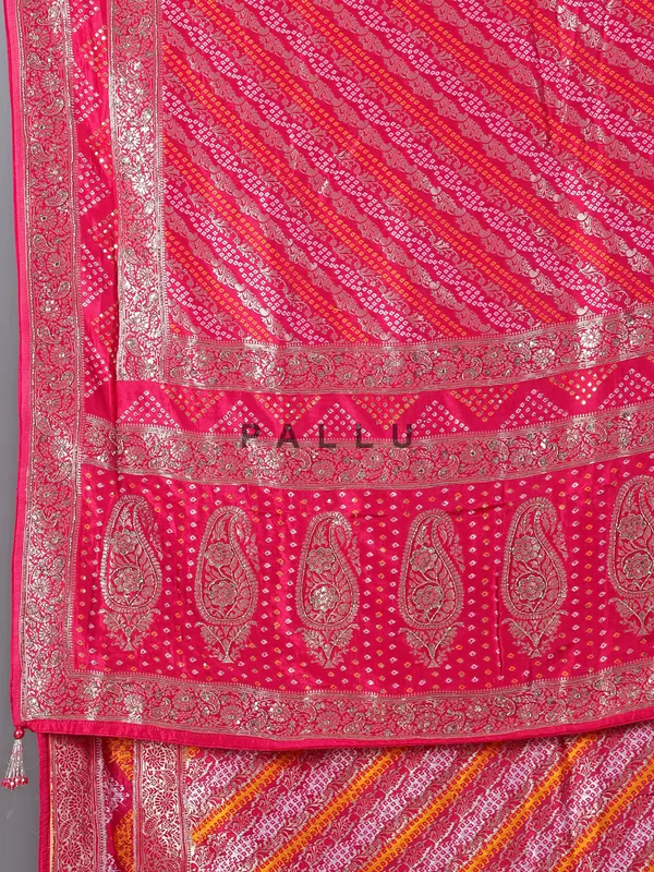 Rani pink dola silk saree with bandhej print accents