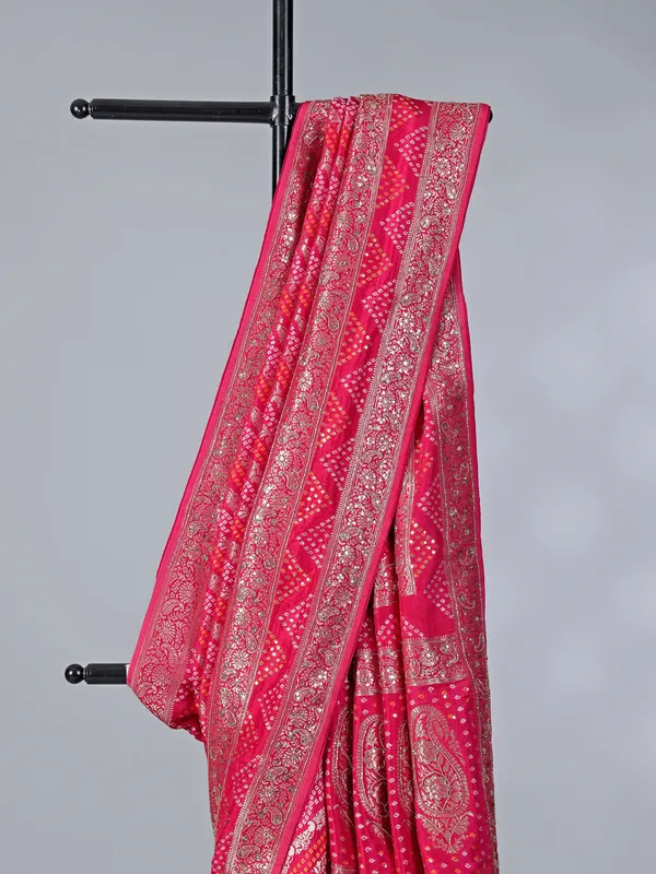 Rani pink dola silk saree with bandhej print accents
