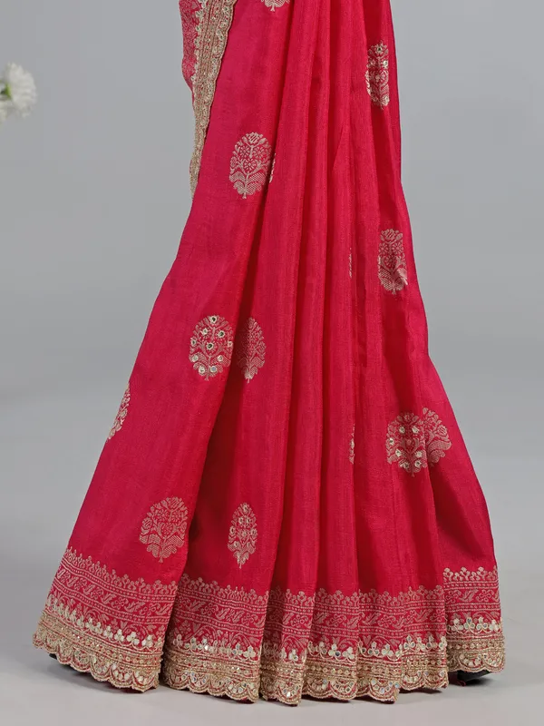 Rani pink dola silk saree with heavily embellished blouse