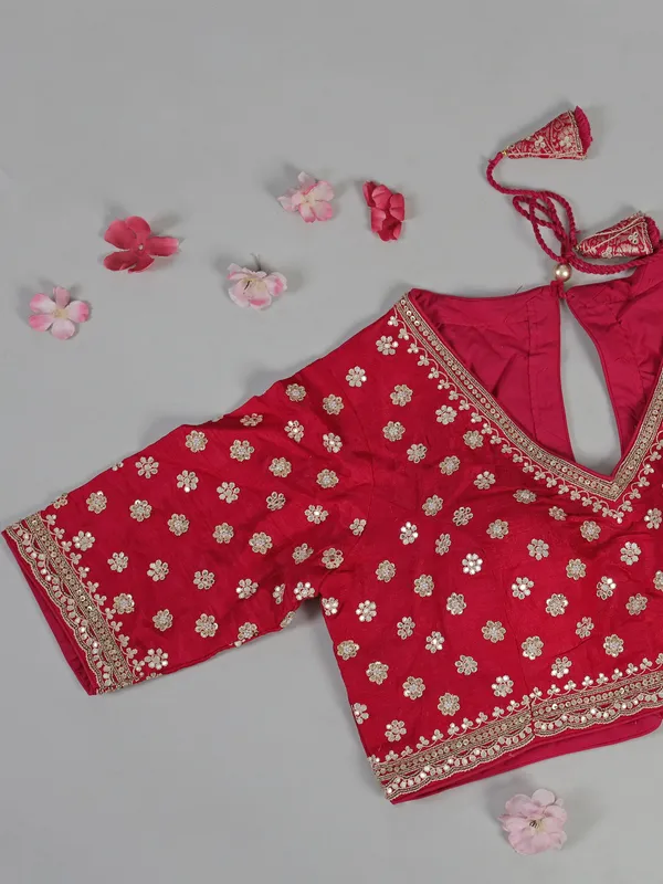 Rani pink dola silk saree with heavily embellished blouse