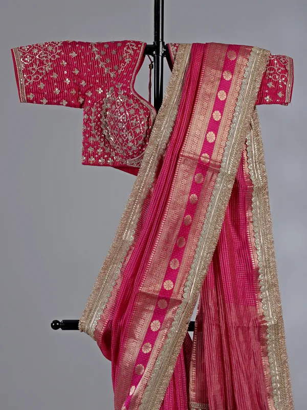 Rani pink dola silk saree with zari touch