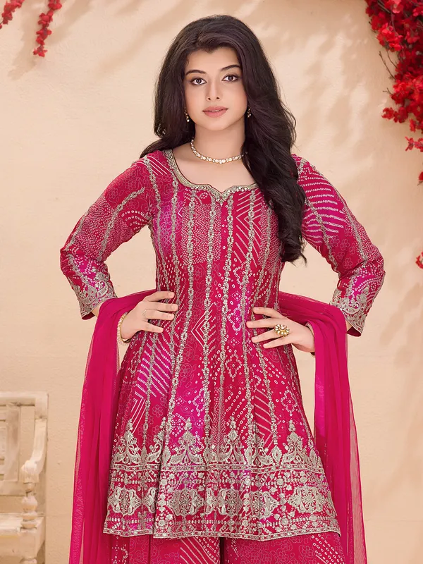 Rani pink georgette palazzo suit with aabla work