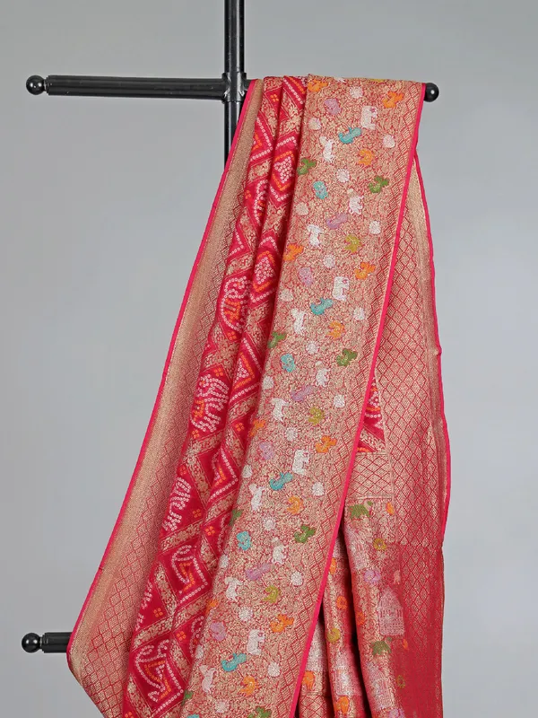 Rani pink georgette saree with colorfull motifs and Print