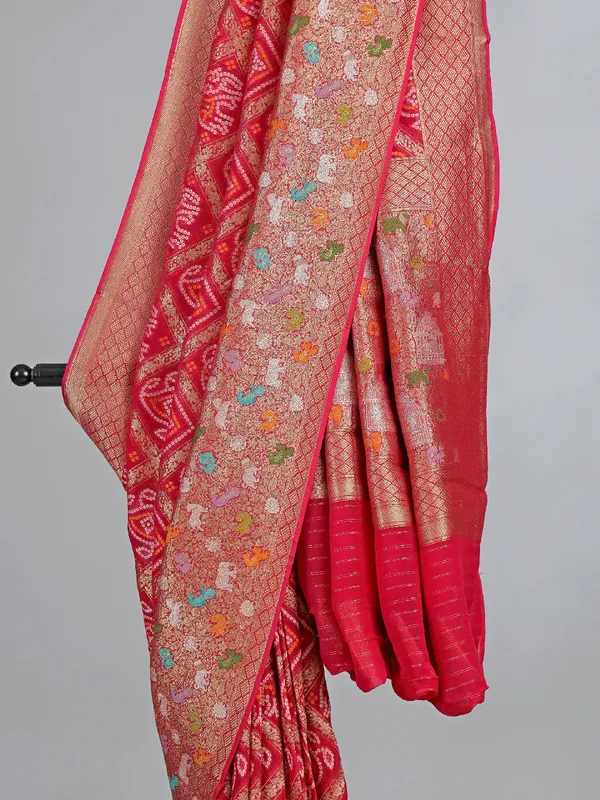 Rani pink georgette saree with colorfull motifs and Print