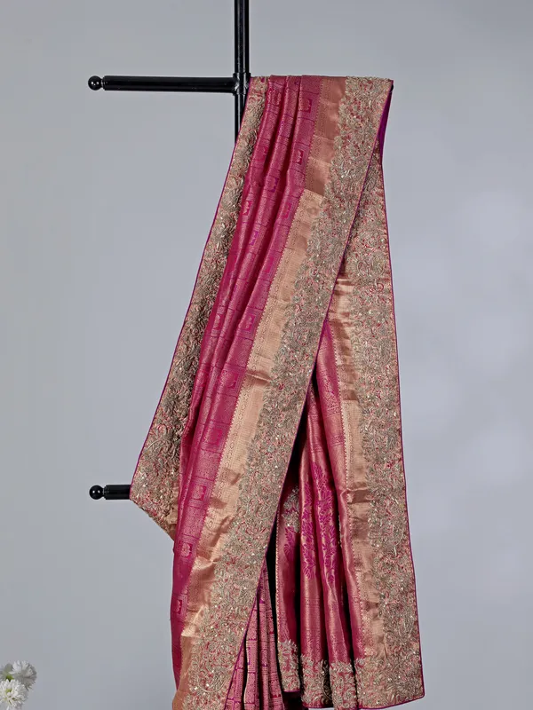 Rani pink heavy tissue silk saree for wedding