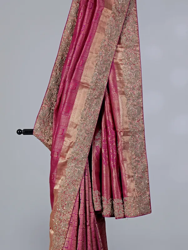 Rani pink heavy tissue silk saree for wedding