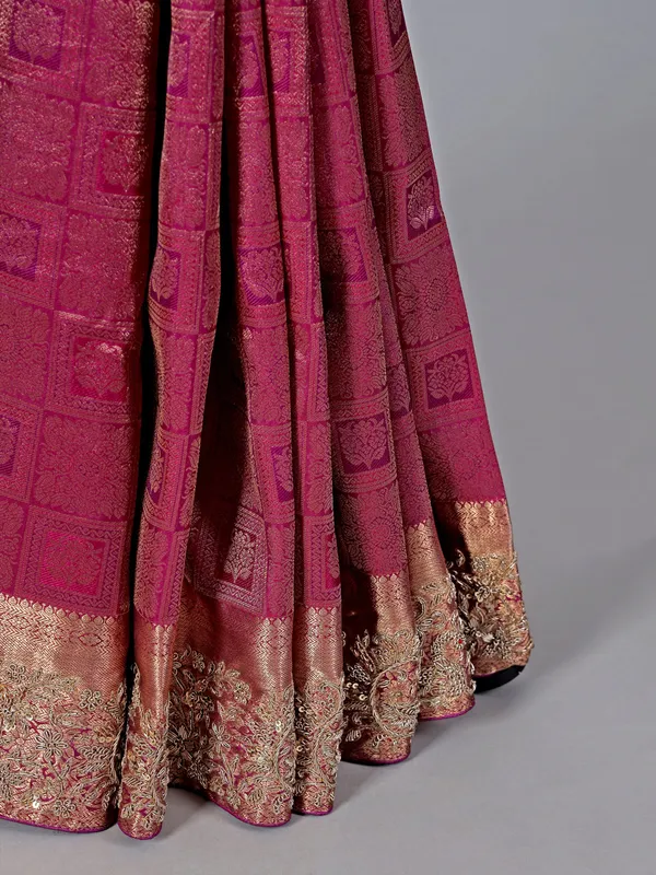Rani pink heavy tissue silk saree for wedding