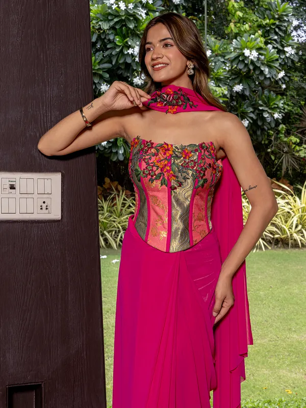 Rani pink net indowester suit for women