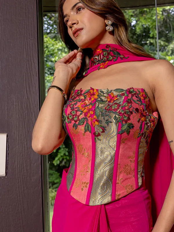 Rani pink net indowester suit for women