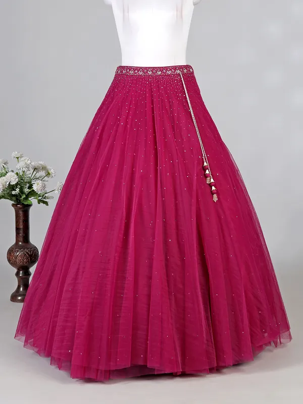 Rani pink net lehenga choli with diamond accents
