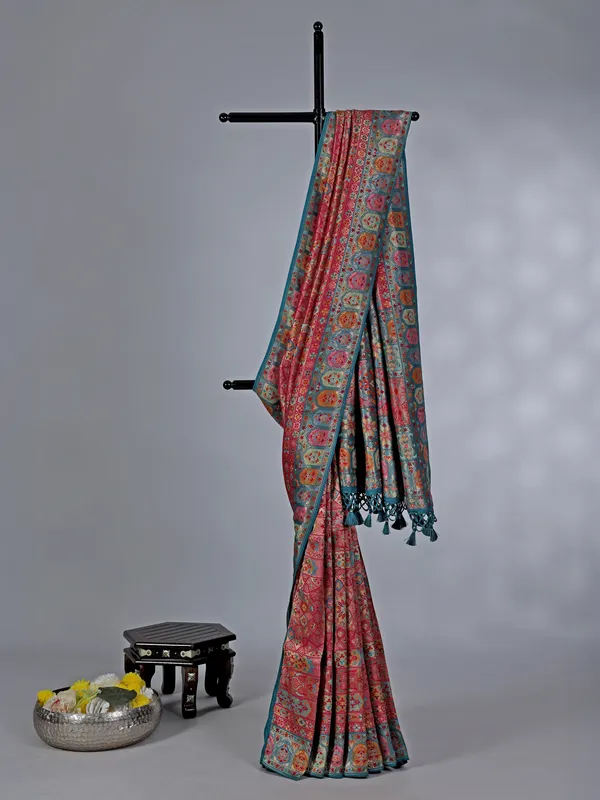 Rani pink pashmina silk saree with contrast border