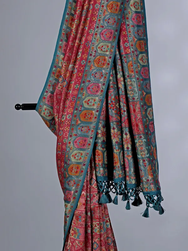 Rani pink pashmina silk saree with contrast border