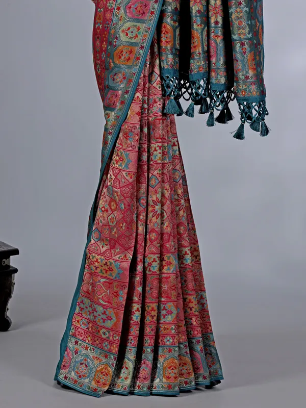 Rani pink pashmina silk saree with contrast border