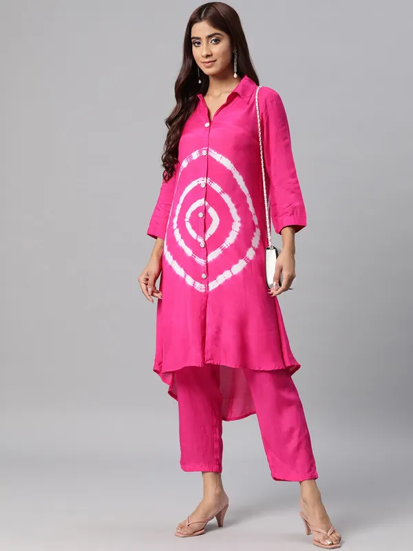 Rani pink printed silk kurti set for women