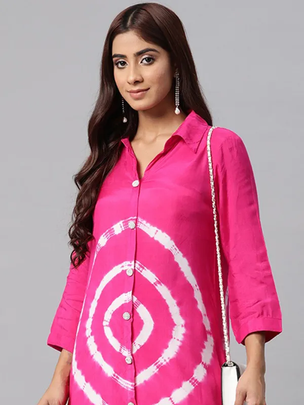 Rani pink printed silk kurti set for women